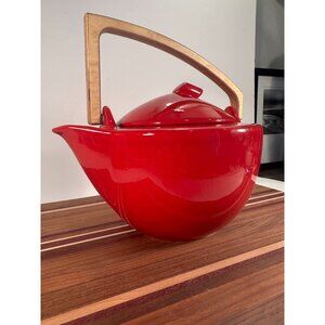 Large Red Ceramic Teapot with Wooden Handle